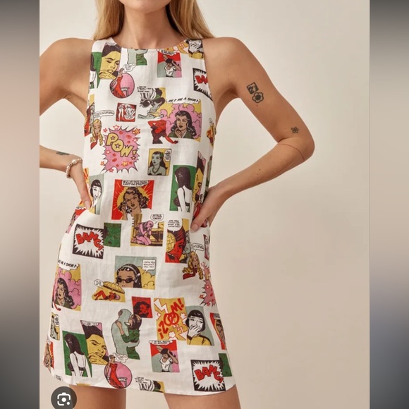 Reformation Jessi Linen Comic Book Mini Dress - Picture 1 of 3